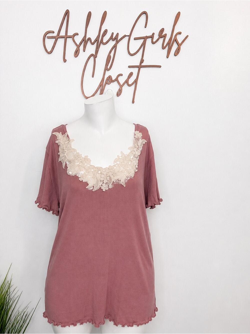 LOFT Dusty Rose Lace Neck Ribbed Tunic Top XXL NWT